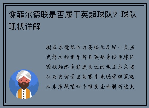 谢菲尔德联是否属于英超球队？球队现状详解